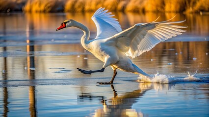 Naklejka premium A Graceful Swan Glides Across The Icy Water, Its Wings Outstretched And Its Feathers Glistening In The Sunlight.