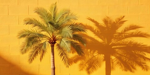 Tropical palm frond shadows on yellow wall, a trendy minimalist representation of summer vibes