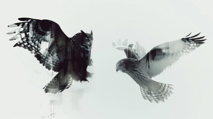 Fototapeta premium Duotone illustration of Owl And Hawk