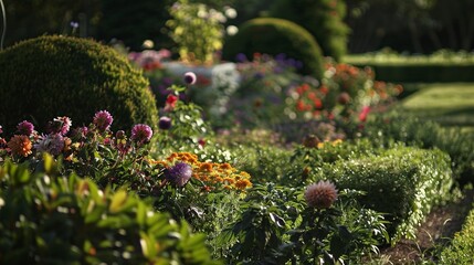 Obraz premium Sprawling blooms in formal garden, macro shot, late afternoon, rich colors, sharp details, majestic 