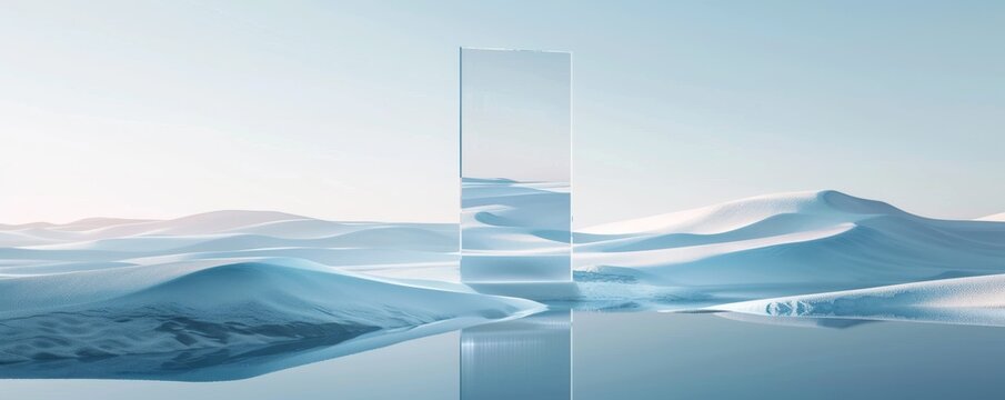 Minimalist poster of a serene desert landscape reflected in a modern glass structure