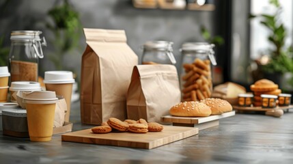 Bakery Counter with Paper Bags, Cookies, and Coffee Cups