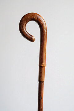 A simple wooden cane with a smooth curved handle displayed against a plain gray background