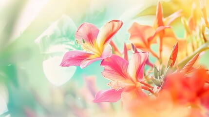 Vibrant flowers in tropical setting, close-up, soft backlight, bright tones, dreamy, macro lens