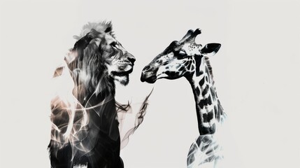 Duotone illustration of Lion And Giraffe