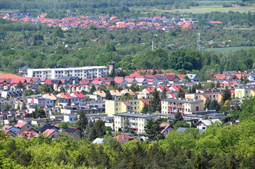 View of the city. Above the city. Aerial view of streets and houses in Koszalin, Poland. View from the observation tower in G&oacute;ra Chełmska. 