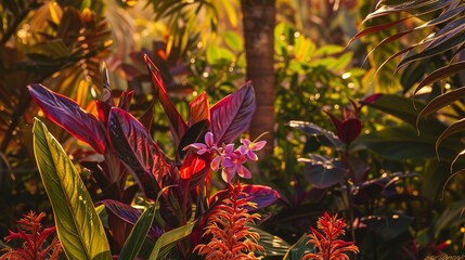 Diverse blooms in tropical garden, macro shot, golden hour light, rich colors, detailed texture, lush 