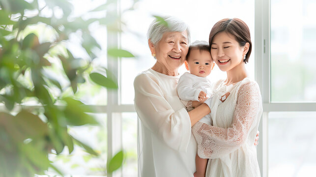 A happy multigenerational Asian family with grandmother, mother, and baby smiling together. Bright indoor setting with natural light and greenery