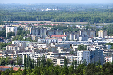 View of the city. Above the city. Aerial view of streets and houses in Koszalin, Poland. View from the observation tower in G&oacute;ra Chełmska. 