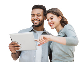 Beautiful happy young couple using digital tablet isolated transparent PNG. Joyful smiling woman and man looking at tablet. Love, travel, tourism, students lifestyle concept