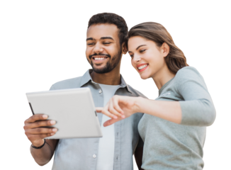 Beautiful happy young couple using digital tablet isolated transparent PNG. Joyful smiling woman and man looking at tablet. Love, travel, tourism, students lifestyle concept