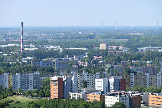 View of the city. Above the city. Aerial view of streets and houses in Koszalin, Poland. View from the observation tower in G&oacute;ra Chełmska. 