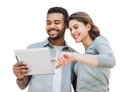 Beautiful happy young couple using digital tablet isolated transparent PNG. Joyful smiling woman and man looking at tablet. Love, travel, tourism, students lifestyle concept