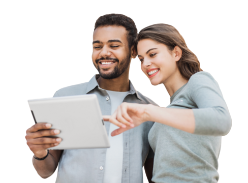 Beautiful happy young couple using digital tablet isolated transparent PNG. Joyful smiling woman and man looking at tablet. Love, travel, tourism, students lifestyle concept