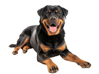 Obraz premium Full body shot of Rottweiler dog, lying down, smiling.
