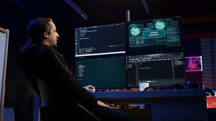 Hacker in hidden apartment trying to steal valuable data by targeting governmental websites but getting access denied error message, having cyber attacks rejected, camera B