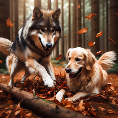 Wild and Domestic Dog and Wolf Together,Nature's Companions Dog and Wolf.