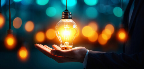  Operational concept. Businessman holding light bulb with operation icon for productivity with excellence process. Industrial management in efficiency and efficient process design 