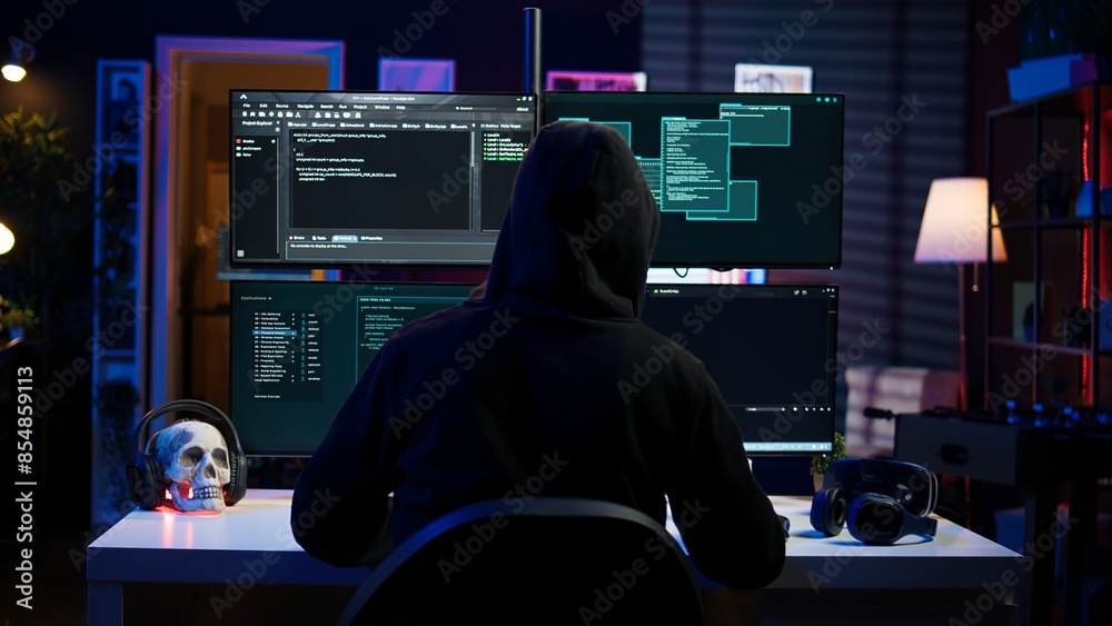 Poster lone wolf hacker in secret hideout trying to hide online activity after stealing data. cybercriminal