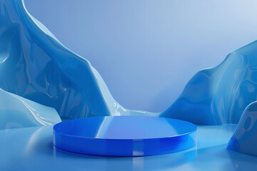 Sleek Blue Display Platform with Fluid Abstract Background, Perfect for Modern and Creative Product Showcases