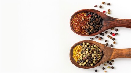 Top view of spices in a wooden spoon against a white background