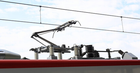 Pantograph of an electric train connecting the train to the overhead catenary wire.