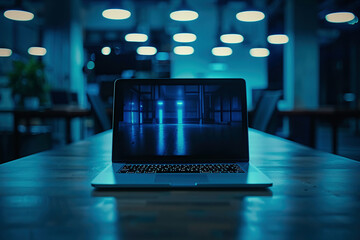 Laptop On The Table In The Dark Office, Blurred Background Of The Open Space With Desks, Low Angle Shot, Cybersecurity Office, Bluish Tint Background
