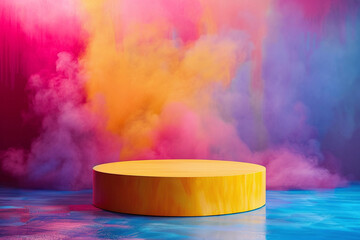 Vibrant Yellow Display Platform with Colorful Smoke Cloud Backdrop, Perfect for Bold and Dynamic Product Showcases