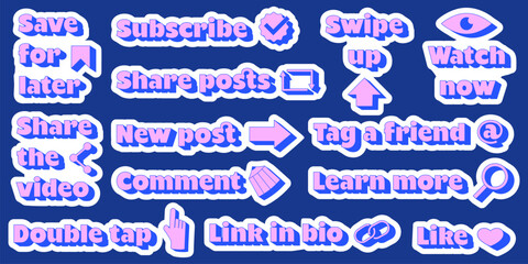 A set of modern pink and blue stickers for social media. Bold contemporary phrases. Popular call to actions blog posts in Y2K style. User elements and buttons.Save for later, Share posts, Swipe up.