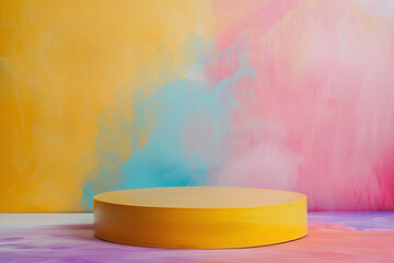 Cheerful Yellow Display Platform with Soft Pastel Background, Ideal for Bright and Playful Product Showcases