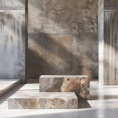 Modern Stone Display Pedestals in Industrial Chic Space, Perfect for Sleek and Minimalist Product Showcases