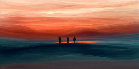 Abstract landscape with three silhouettes against a sunset