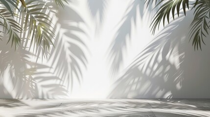 Obraz premium Tropical palm tree leaves shadow silhouette on white wall surface, coconut leaf overlay for designing summer or spring elements, mock-up for product presentation.