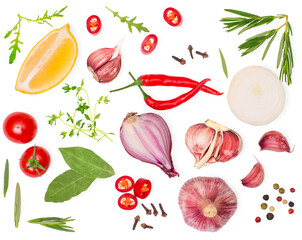 Collection of herbs spices pepper garlic onion isolated on transparent background png.
