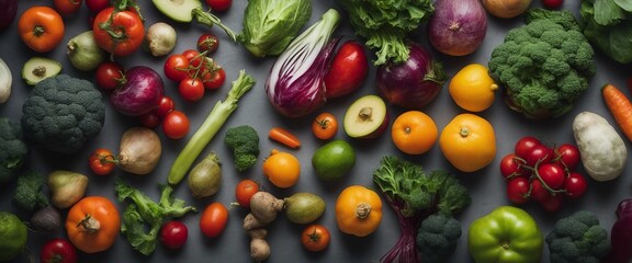 A variety of fresh, colorful organic vegetables and fruits on a grey background, promoting healthy...
