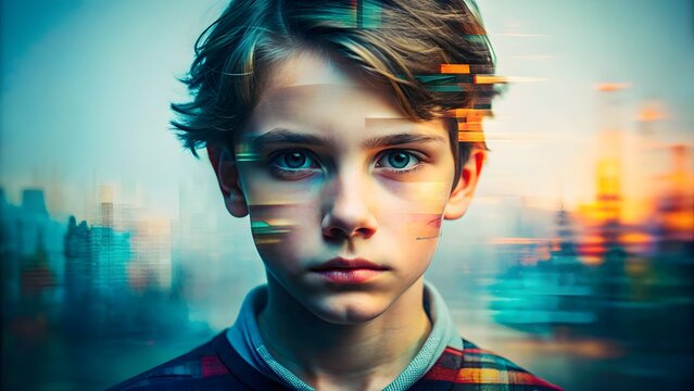 Portrait Of A Young Boy With A Glitch Effect On His Face.