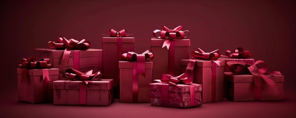 A pile of dark red gift boxes with bows for celebrations and holidays