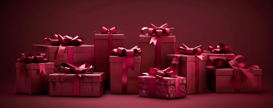 A pile of dark red gift boxes with bows for celebrations and holidays