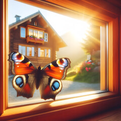 A beautiful butterfly sits on top of the glass looking at the beautiful wooden house.