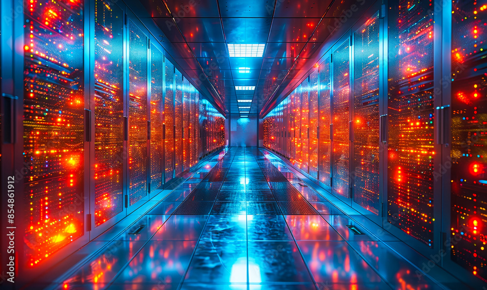 Poster modern data center corridor with illuminated rack servers and internet visualization projection, nig