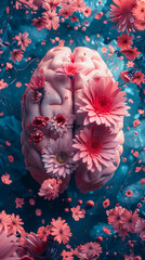 Human Brain Blooming with Spring Flowers - Concept of Mental Health, Self Care, Positive Thinking, Creative Mindset, and Positive Ideas