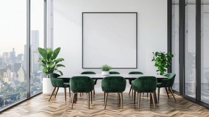 Modern Conference Room with Green Velvet Chairs and City View - Generative AI