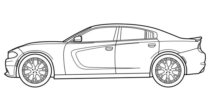 Ivano-Frankivsk, Ukraine - 18 June 2024: Outline drawing of a Dodge Charger SXT classic american muscule car, sport car from side view. Vector doodle illustration, design for coloring book or prin