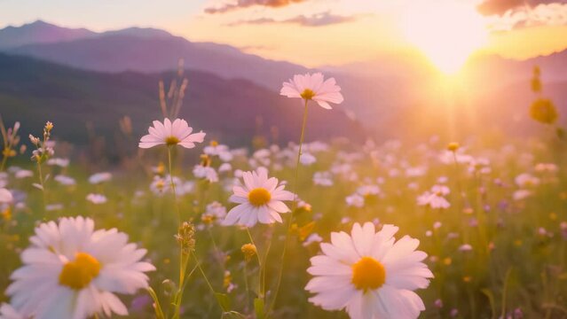 Daisies in the mountains at sunset, spring landscape with green meadow and blue sky.