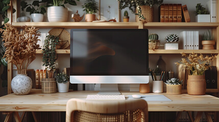 A Scandinavian-inspired desk setup featuring a white desk and a large monitor.