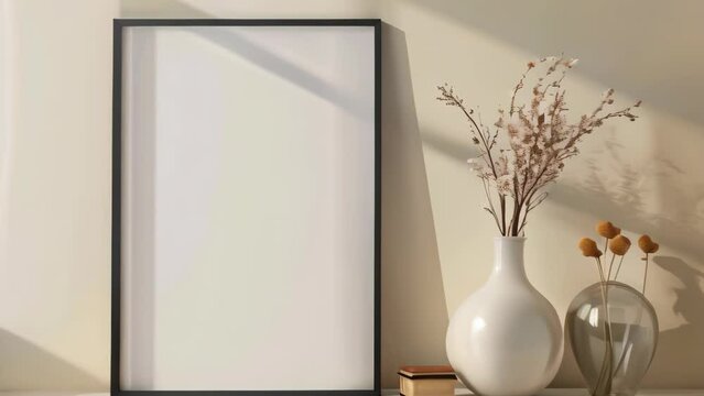 Black frame mockup with white background on the wall side table with vase and dried flowers.