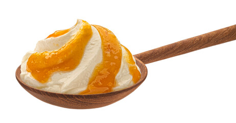 Wooden spoon of yogurt with fruit jam isolated on white background, full depth of field