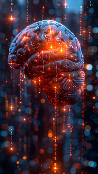 Conceptual image of an AI brain with binary code patterns, realistic, high detail, 8k