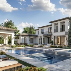 Fototapeta premium Exclusive gated community featuring luxury homes with large backyards, outdoor kitchens, and private swimming pools, perfect for entertaining and relaxation.