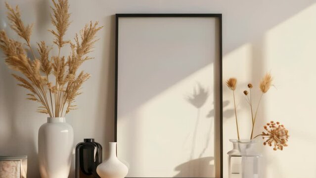 Black frame mockup with white background on the wall side table with vase and dried flowers.